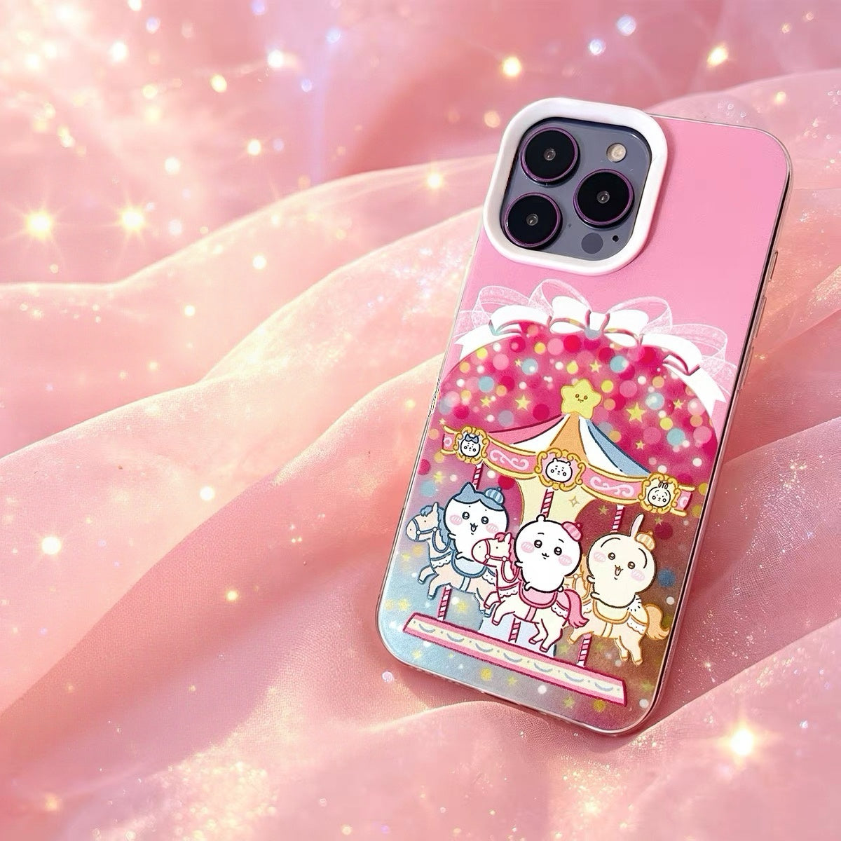 Japanese Cartoon ChiiKawa Go Round Laser Case | Merry Go Round with Chiikawa Hachiware Usagi - iPhone Case Plus SE2 11 12 13 14 15 16 16e 17 17e Pro Promax 12mini 13mini