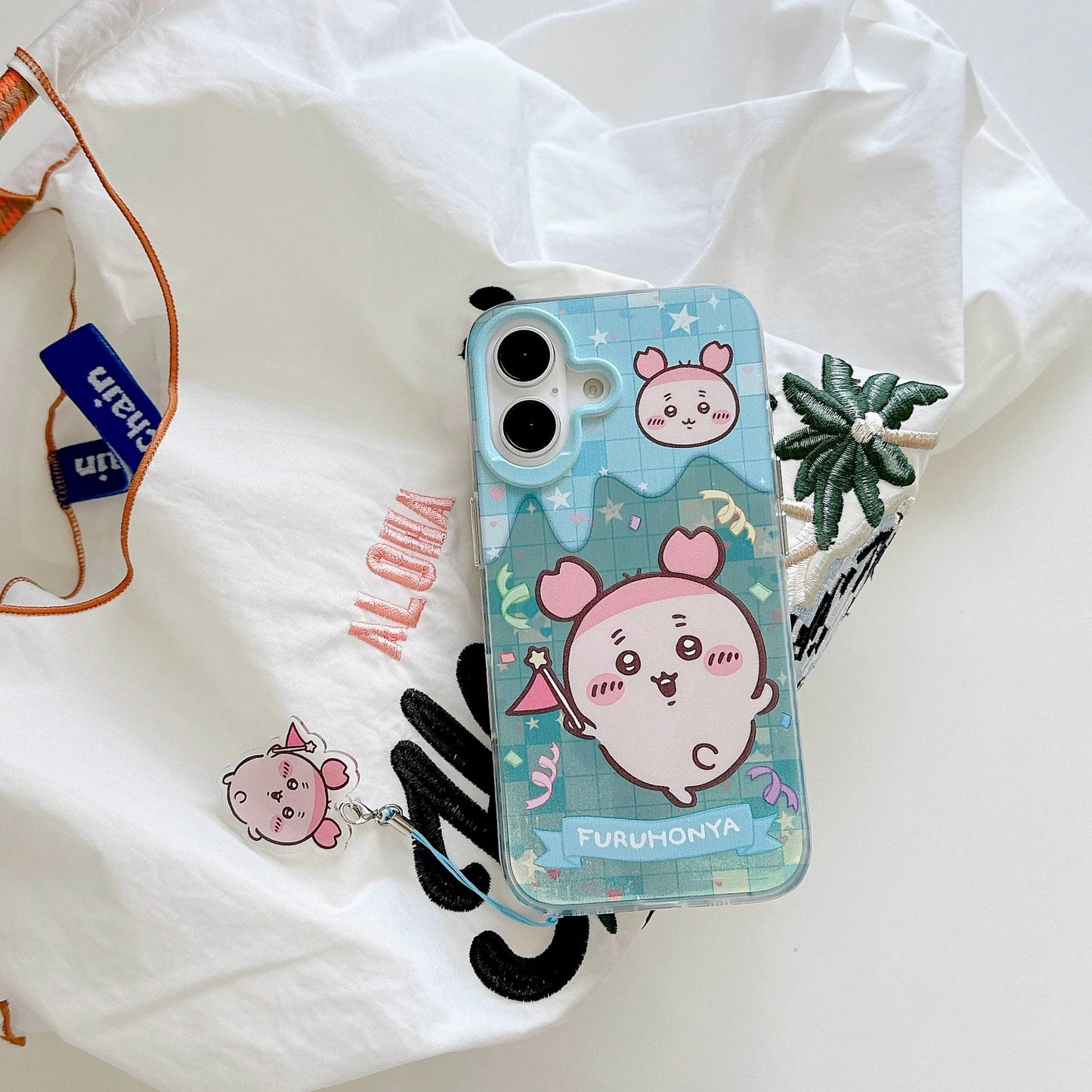 Japanese Cartoon ChiiKawa iPhone Laser Case with Strap | Happy Party Rakko Kurimanju Shisa Furuhonya - iPhone Case PLUS SE2 11 12 13 14 15 16 16e 17 17e Pro Promax 12mini 13mini