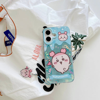 Japanese Cartoon ChiiKawa iPhone Laser Case with Strap | Happy Party Rakko Kurimanju Shisa Furuhonya - iPhone Case PLUS SE2 11 12 13 14 15 16 16e 17 17e Pro Promax 12mini 13mini