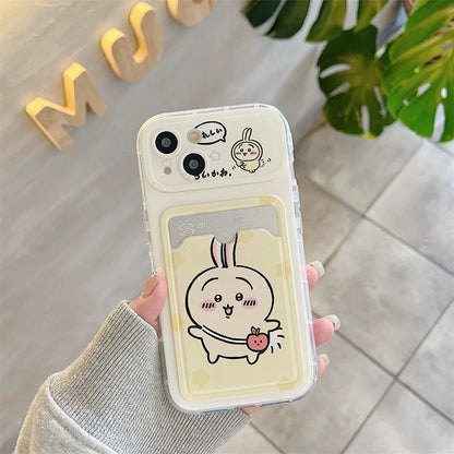 Japanese Cartoon Chiikawa | ChiiKawa Hachiware Usagi Happy Outing with Card Holder & Handle Strap - Phone Case Samsung Galaxy S25 S24 S23 S22 S21 FE Ultra Edge