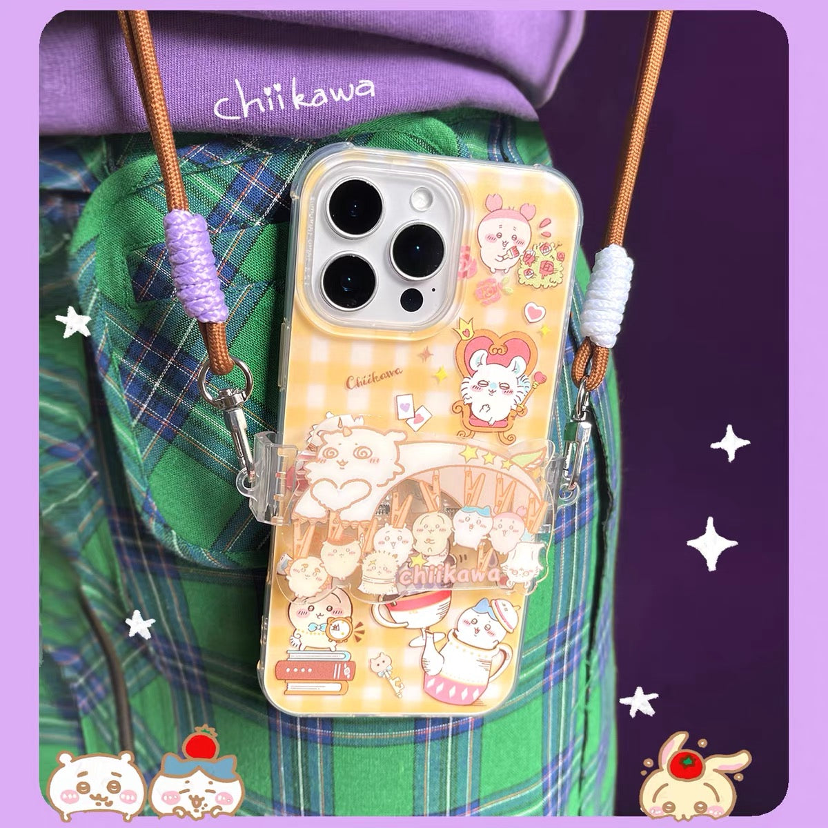 Japanese Cartoon Phone Back Clip with Phone Lanyard | Chiikawa Coat Hanger - for All Smart Phones