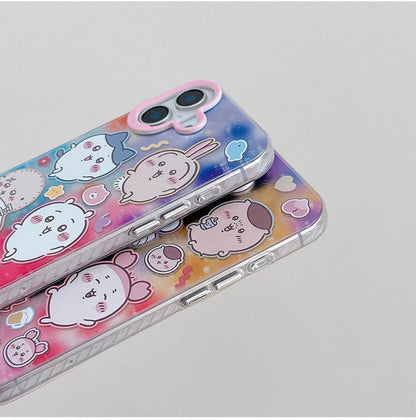 Japanese Cartoon ChiiKawa Laser Phone Case with Strap | Rainbow Galaxy with ChiiKawa Hachiware Usagi Momonga Rakko Kurimanju Shisa Furuhonya - Phone Case Samsung Galaxy S26 S25 S24 S23 S22 S21 FE Ultra Edge