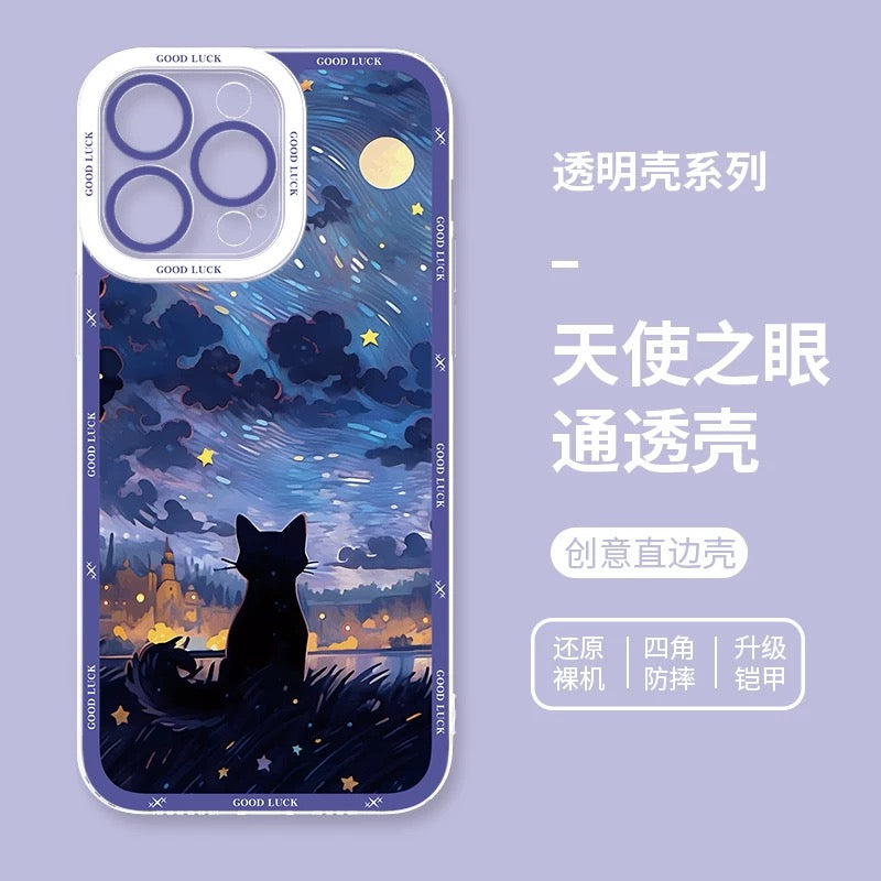 Black Cat with Starry Sky Oil Drawing Style | 8 Styles - iPhone Case PLUS SE2 XS XR X 11 12 13 14 15 16 16e 17 17e Pro Promax 12mini 13mini