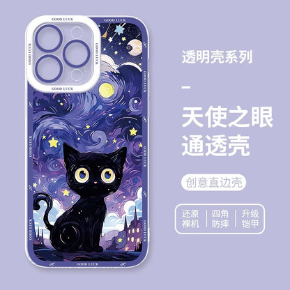 Black Cat with Starry Sky Oil Drawing Style | 8 Styles - iPhone Case PLUS SE2 XS XR X 11 12 13 14 15 16 16e 17 17e Pro Promax 12mini 13mini