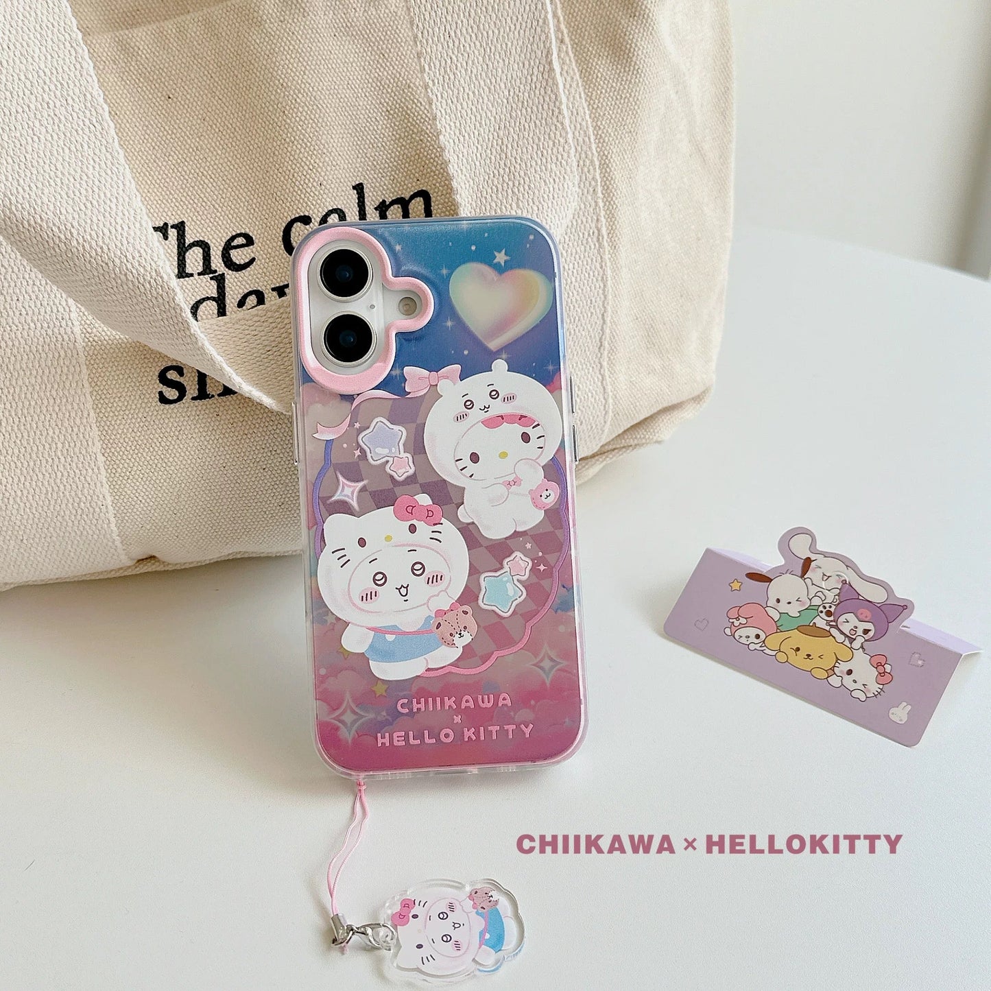 Japanese Cartoon Sanrio X Chiikawa iPhone Case with Strap | Kitty Chiikawa Cinnamoroll Hachiware Pompompurin Usagi Kuromi Momonga My Melody Crab - iPhone Case PLUS SE2 XS XR X 11 12 13 14 15 16 16e 17 17e Pro Promax 12mini 13mini