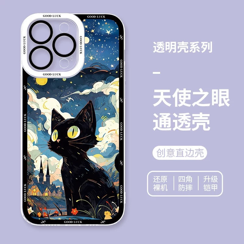Black Cat with Starry Sky Oil Drawing Style | 8 Styles - iPhone Case PLUS SE2 XS XR X 11 12 13 14 15 16 16e 17 17e Pro Promax 12mini 13mini