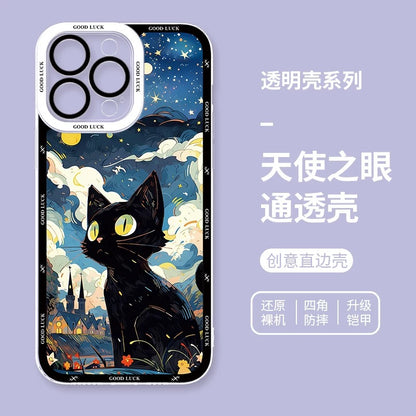 Black Cat with Starry Sky Oil Drawing Style | 8 Styles - iPhone Case PLUS SE2 XS XR X 11 12 13 14 15 16 16e 17 17e Pro Promax 12mini 13mini