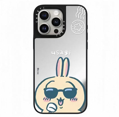 Japanese Cartoon ChiiKawa Mirror Phone Case | Silver & Blue ChiiKawa Hachiware Usagi Wear Sunglass and Eating Ice Cream - iPhone Case 12 13 14 15 16 17 Pro Promax
