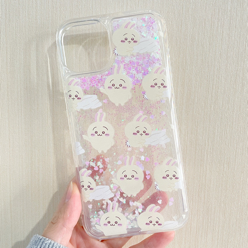 Japanese Cartoon Chiikawa Kawaii FullScreen | ChiiKawa Hachiware Usagi Glitter QuickSand iPhone Case 6 7 8 PLUS SE2 XS XR X 11 12 13 14 15 16 Pro Promax 12mini 13mini WinnieTheBirds Toy Shop