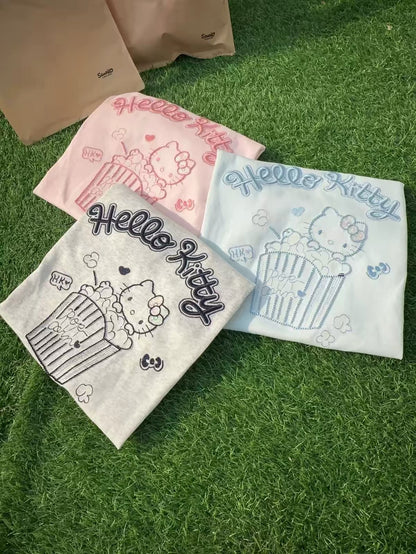 Korean Fashion Cute Cartoon Style T-Shirt Series | Bling Bling Embroidery Popcorn Hello Kitty - Kawaii Fashion Items