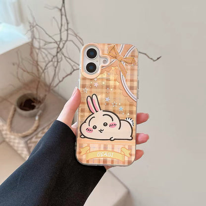 Japanese Cartoon ChiiKawa Laying with Lace Ribbon Laser Case | Chiikawa Hachiware Usagi Momonga - Phone Case Samsung Galaxy S26 S25 S24 S23 S22 S21 FE Ultra Edge