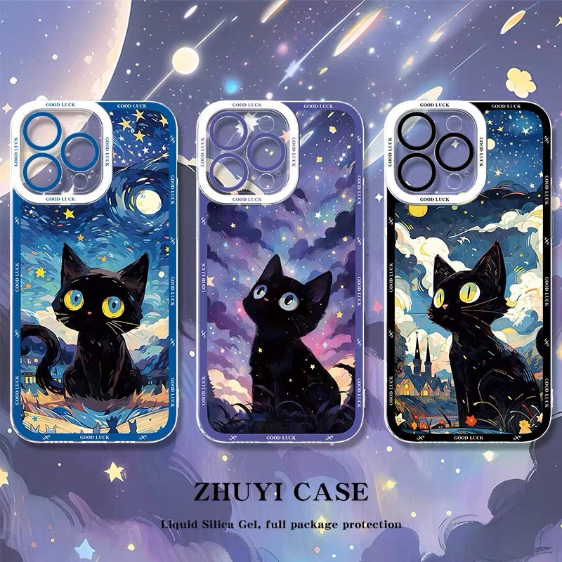 Black Cat with Starry Sky Oil Drawing Style | 8 Styles - iPhone Case PLUS SE2 XS XR X 11 12 13 14 15 16 16e 17 17e Pro Promax 12mini 13mini