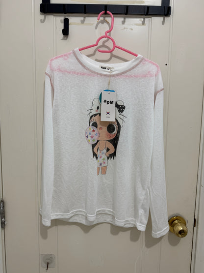 Korean Fashion Artists Style Long-sleeved Sun Protection T-Shirt Series | Little Girl Yuk with Kitty Hat and Star Bubble - Kawaii Fashion Items