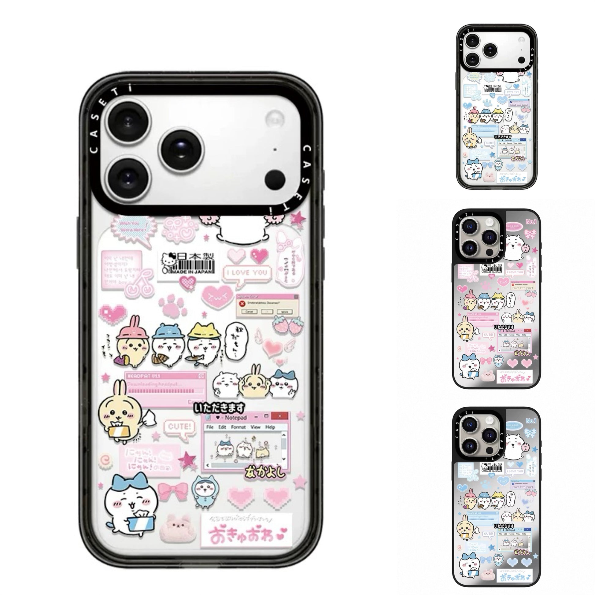Japanese Cartoon ChiiKawa Transparent Black Frame & Mirror Phone Case | Fun Daily with Heart Version - iPhone Case 12 13 14 15 16 17 Pro Promax