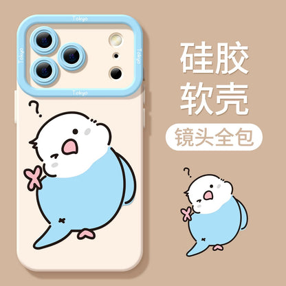 Lovely Simple Drawing White & Blue Budgie Silicon Phone Case | Funny Pose with Strap - iPhone Case PLUS SE2 XS XR X 11 12 13 14 15 16 16e 17 17e Pro Promax 12mini 13mini