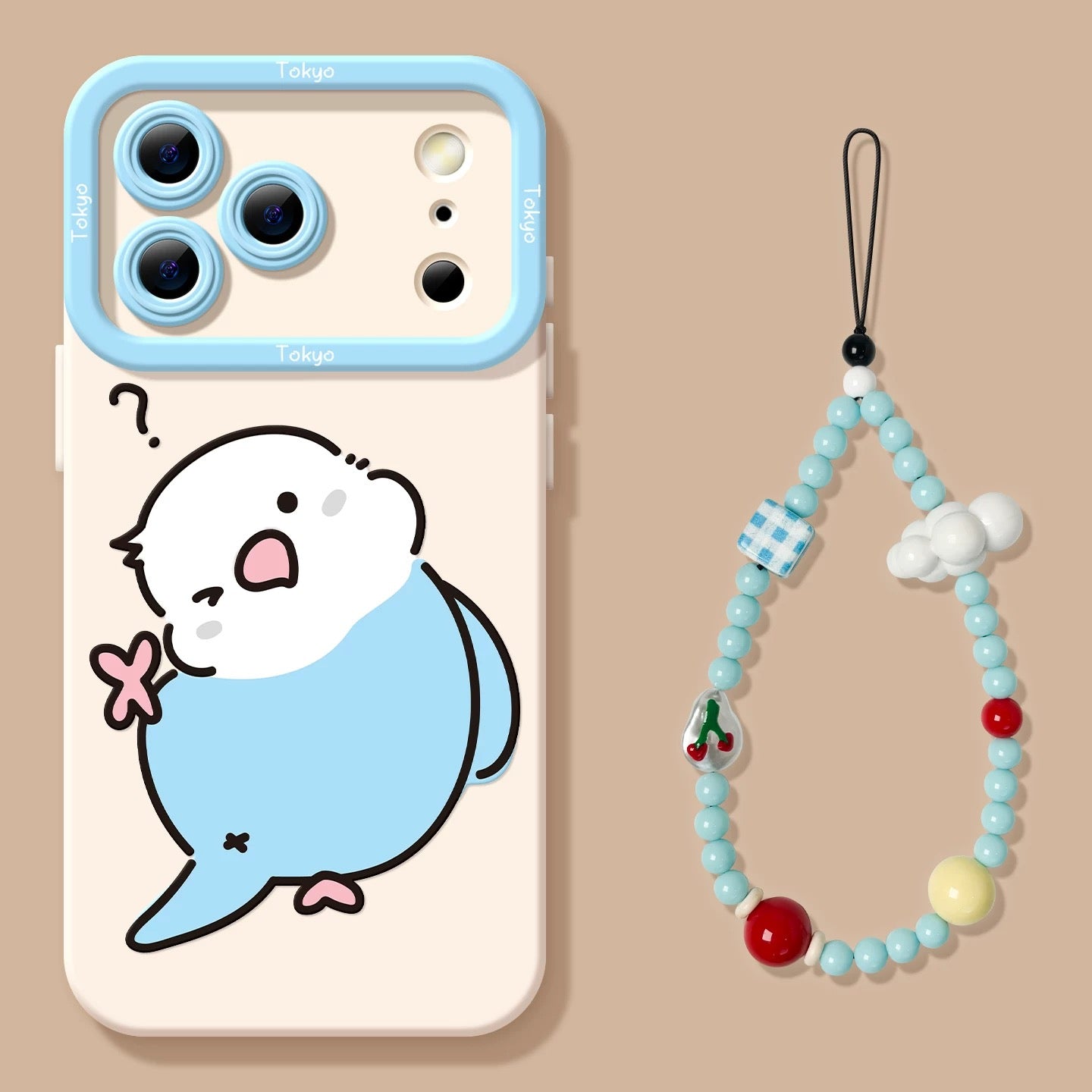 Lovely Simple Drawing White & Blue Budgie Silicon Phone Case | Funny Pose with Strap - iPhone Case PLUS SE2 XS XR X 11 12 13 14 15 16 16e 17 17e Pro Promax 12mini 13mini