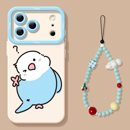 Lovely Simple Drawing White & Blue Budgie Silicon Phone Case | Funny Pose with Strap - iPhone Case PLUS SE2 XS XR X 11 12 13 14 15 16 16e 17 17e Pro Promax 12mini 13mini