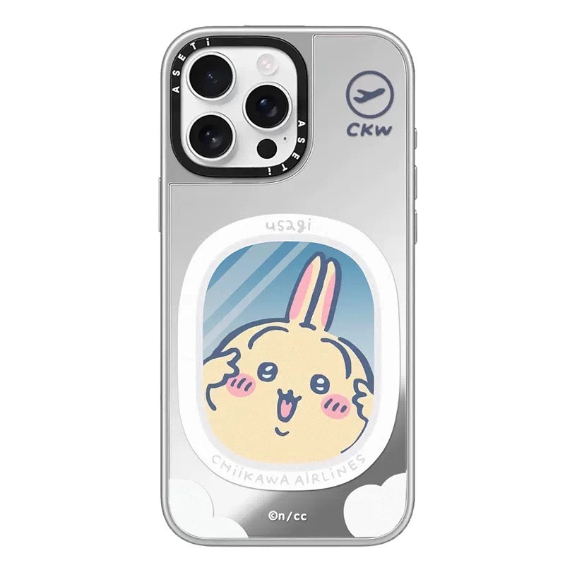 Japanese Cartoon ChiiKawa Clear with Mirror Silver Frame Phone Case | ChiiKawa Hachiware Usagi Aeroplane Window Wear Sunglass and Eating Ice Cream Blue - iPhone Case 12 13 14 15 16 17 Pro Promax