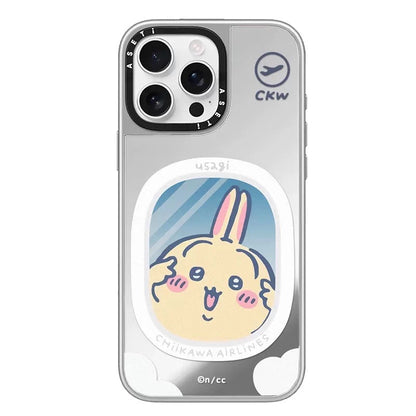Japanese Cartoon ChiiKawa Clear with Mirror Silver Frame Phone Case | ChiiKawa Hachiware Usagi Aeroplane Window Wear Sunglass and Eating Ice Cream Blue - iPhone Case 12 13 14 15 16 17 Pro Promax