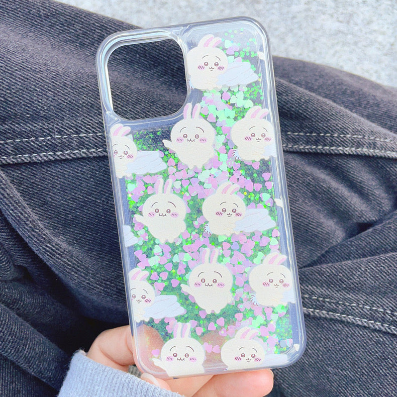 Japanese Cartoon Chiikawa Kawaii FullScreen | ChiiKawa Hachiware Usagi Glitter QuickSand iPhone Case 6 7 8 PLUS SE2 XS XR X 11 12 13 14 15 16 Pro Promax 12mini 13mini WinnieTheBirds Toy Shop