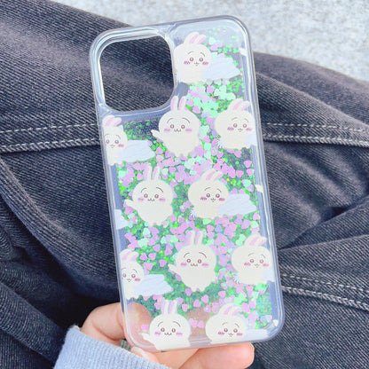 Japanese Cartoon Chiikawa Kawaii FullScreen | ChiiKawa Hachiware Usagi Glitter QuickSand iPhone Case 6 7 8 PLUS SE2 XS XR X 11 12 13 14 15 16 Pro Promax 12mini 13mini WinnieTheBirds Toy Shop