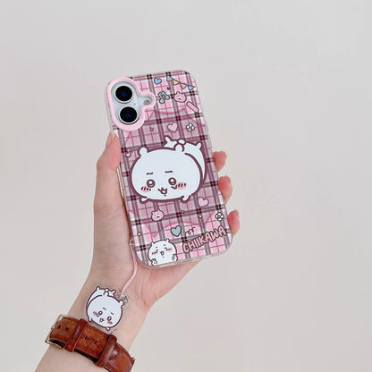 Japanese Cartoon ChiiKawa Laser Phone Case with Strap | Retro Plaid ChiiKawa Hachiware Usagi Momonga - Phone Case Samsung Galaxy S26 S25 S24 S23 S22 S21 FE Ultra Edge
