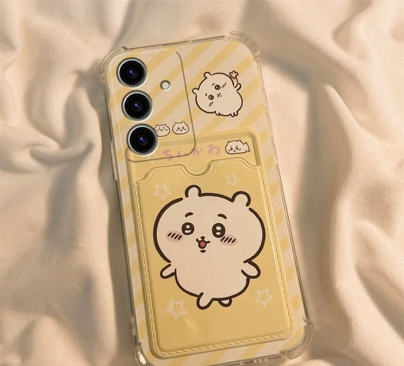 Japanese Cartoon Chiikawa | ChiiKawa Hachiware Usagi with Card Holder & Handle Strap - Phone Case Samsung Galaxy S25 S24 S23 S22 S21 FE Ultra Edge