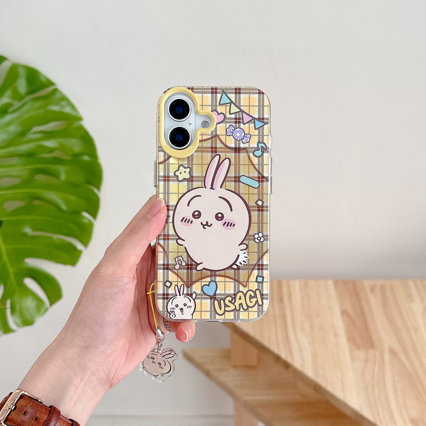 Japanese Cartoon ChiiKawa Laser Phone Case with Strap | Retro Plaid ChiiKawa Hachiware Usagi Momonga - Phone Case Samsung Galaxy S26 S25 S24 S23 S22 S21 FE Ultra Edge