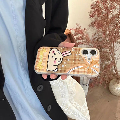 Japanese Cartoon ChiiKawa Laying with Lace Ribbon Laser Case | Chiikawa Hachiware Usagi Momonga - Phone Case Samsung Galaxy S26 S25 S24 S23 S22 S21 FE Ultra Edge