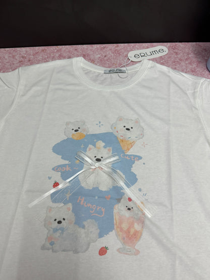 Korean Fashion Cute Animals Style T-Shirt Series | White Puppy Samoyed Dog with Sweets - Kawaii Fashion Items