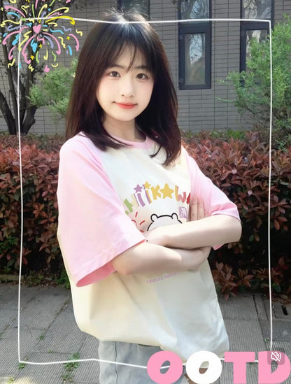 Japanese Cartoon ChiiKawa Casual Style T-Shirt Series | Big Chiikawa with Small Usagi - Kawaii Fashion Items