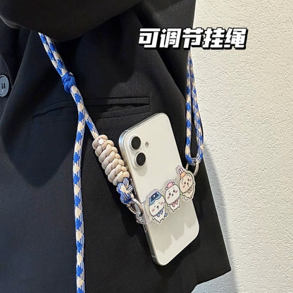 Japanese Cartoon Phone Back Clip with Phone Lanyard | Chiikawa Blue & Beige - for All Smart Phones