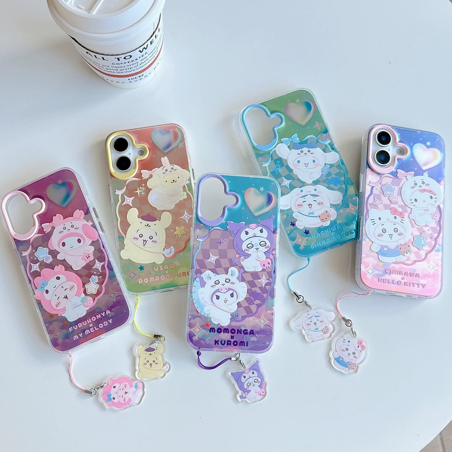 Japanese Cartoon Sanrio X Chiikawa Laser Phone Case with Strap | Kitty Chiikawa Cinnamoroll Hachiware Pompompurin Usagi Kuromi Momonga My Melody Crab - Phone Case Samsung Galaxy S26 S25 S24 S23 S22 S21 FE Ultra Edge