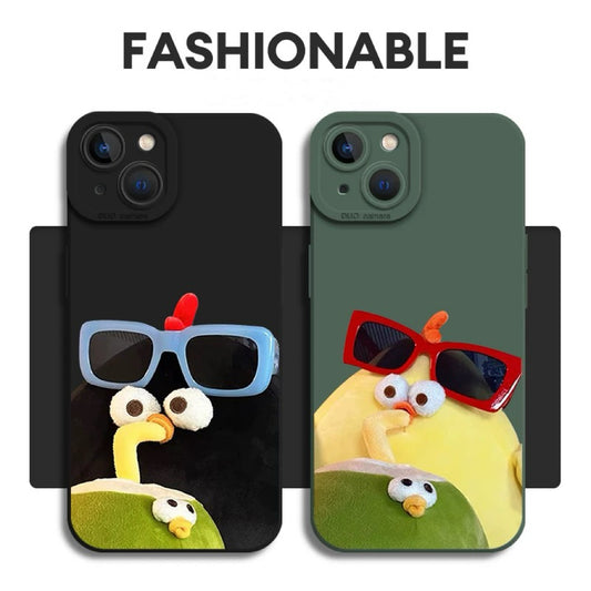 Lovely Chicken Fat Dundun Cat Eye Liquid Shell Phone Case | Yellow & Black Chick with Coconut 4 Colour - iPhone Case PLUS SE2 XS XR X 11 12 13 14 15 16 16e 17 17e Pro Promax 12mini 13mini
