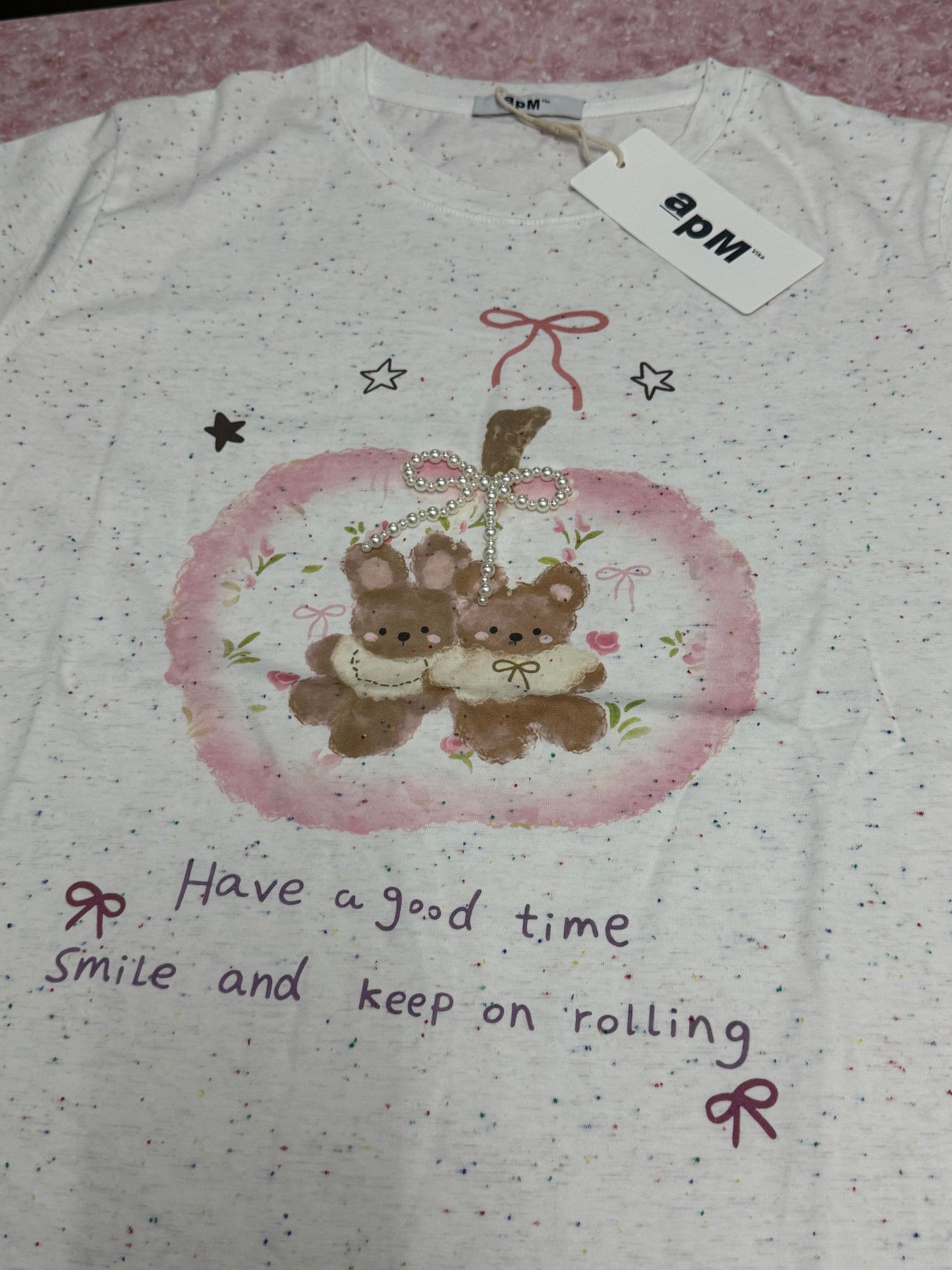 Korean Fashion Cute Animals Style T-Shirt Series | Pearl Ribbon Apple with Teddy Bear & Rabbit - Kawaii Fashion Items
