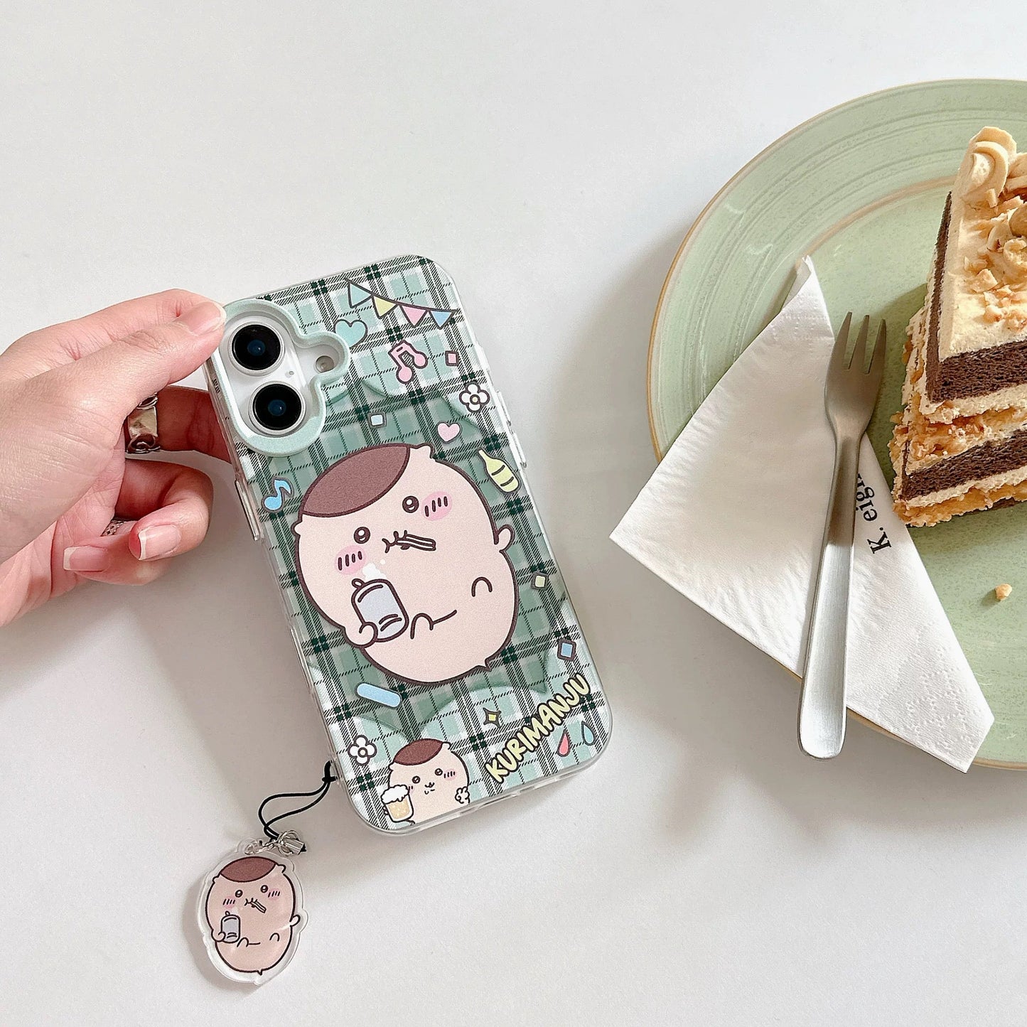 Japanese Cartoon ChiiKawa Laser Phone Case with Strap | Retro Plaid Rakko Kurimanju Shisa Furuhonya - Phone Case Samsung Galaxy S26 S25 S24 S23 S22 S21 FE Ultra Edge