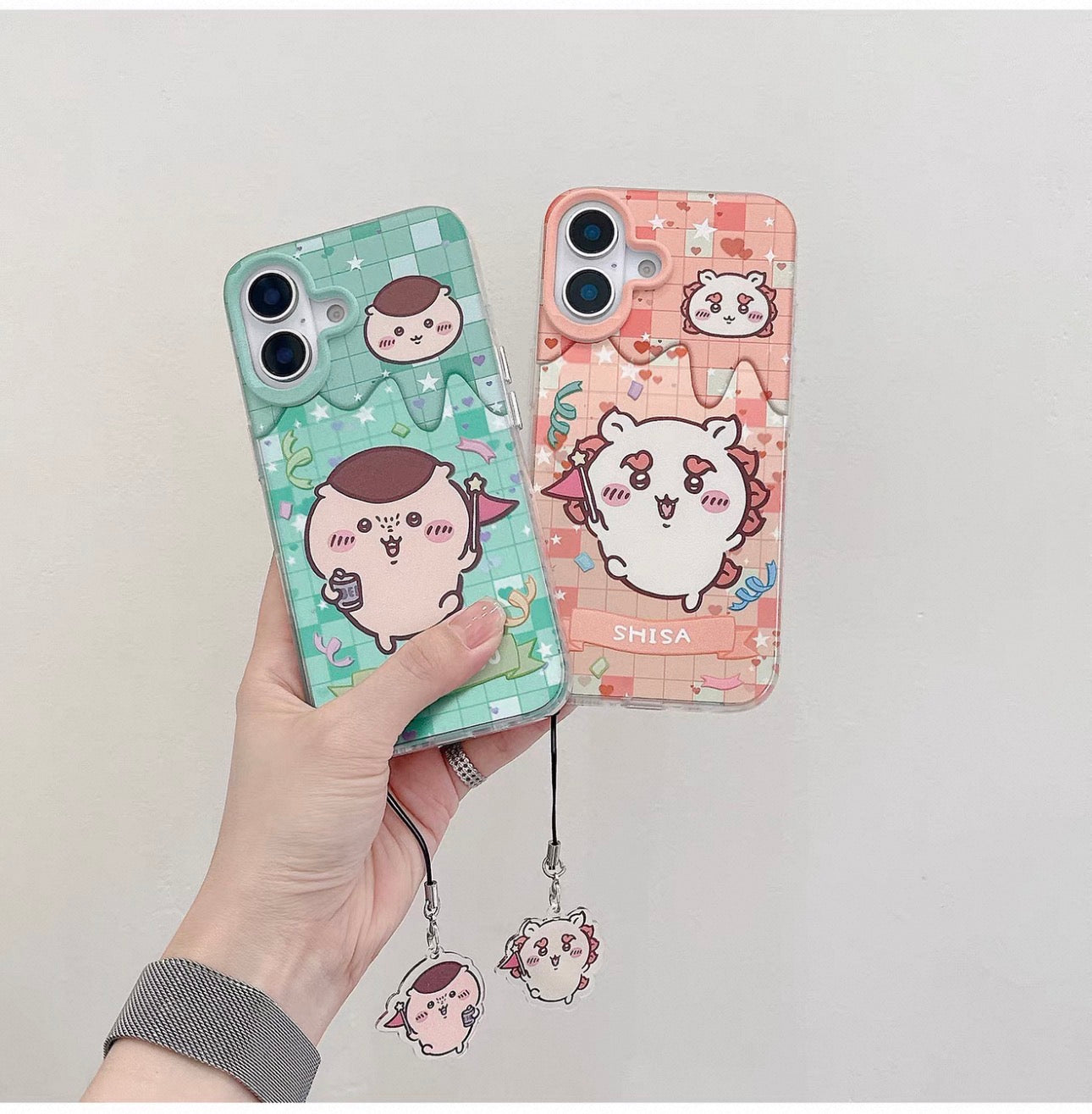 Japanese Cartoon ChiiKawa iPhone Laser Case with Strap | Happy Party Rakko Kurimanju Shisa Furuhonya - iPhone Case PLUS SE2 11 12 13 14 15 16 16e 17 17e Pro Promax 12mini 13mini