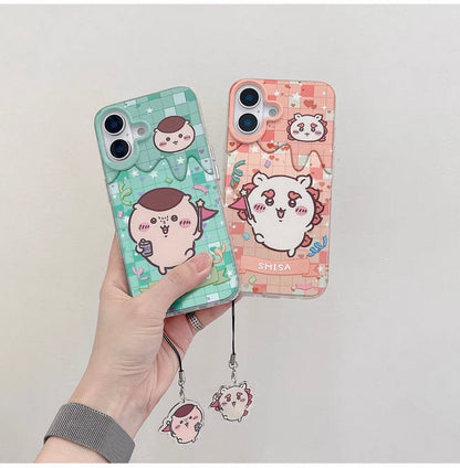 Japanese Cartoon ChiiKawa iPhone Laser Case with Strap | Happy Party Rakko Kurimanju Shisa Furuhonya - iPhone Case PLUS SE2 11 12 13 14 15 16 16e 17 17e Pro Promax 12mini 13mini
