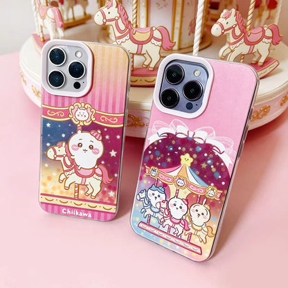 Japanese Cartoon ChiiKawa Go Round Laser Case | Merry Go Round with Chiikawa Hachiware Usagi - iPhone Case Plus SE2 11 12 13 14 15 16 16e 17 17e Pro Promax 12mini 13mini