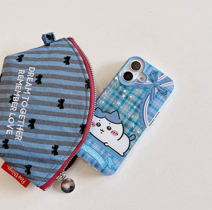 Japanese Cartoon ChiiKawa Laying with Lace Ribbon Laser Case | Chiikawa Hachiware Usagi Momonga - iPhone Case Plus SE2 11 12 13 14 15 16 16e 17 17e Pro Promax 12mini 13mini