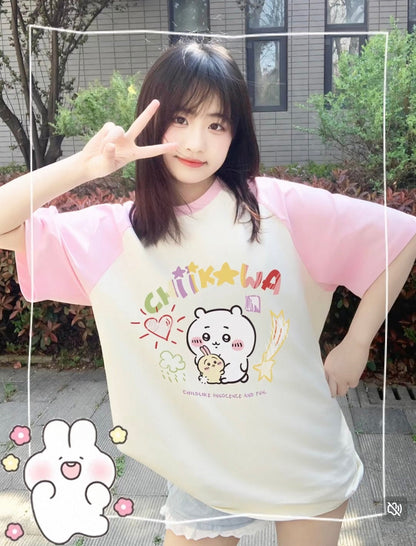 Japanese Cartoon ChiiKawa Casual Style T-Shirt Series | Big Chiikawa with Small Usagi - Kawaii Fashion Items