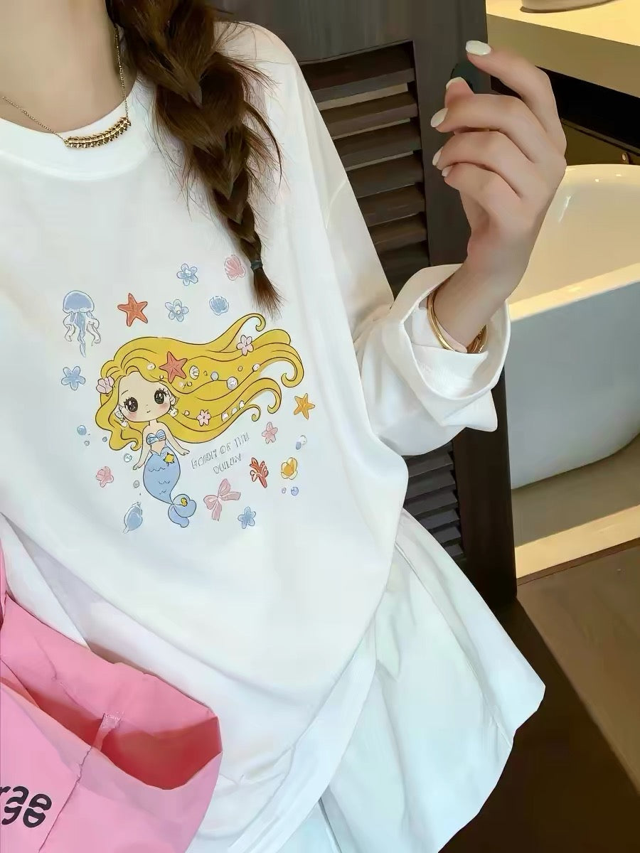 Korean Fashion Cute Animals Style Long-sleeved Sun Protection T-Shirt Series | Little Girl Yuk Mermaid with Pearl change colour under Sun- Kawaii Fashion Items