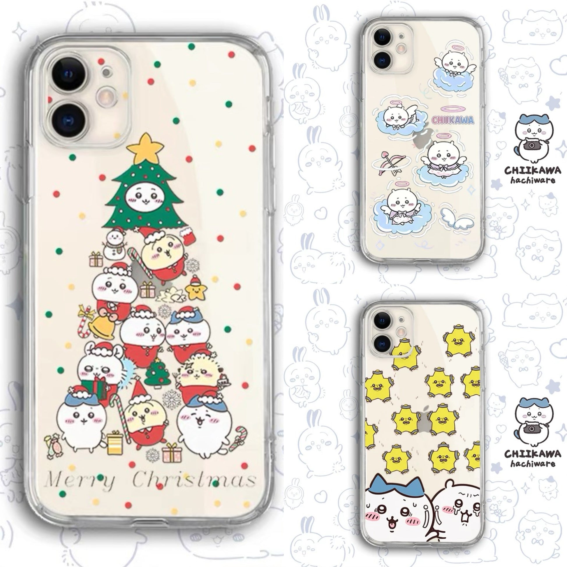 Japanese Cartoon Chiikawa Clean Case | Happy Merry Christmas Tree Angel Stars - iPhone Case PLUS SE2 11 12 13 14 15 16 17 Pro Promax 12mini 13mini