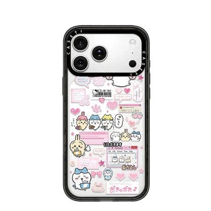 Japanese Cartoon ChiiKawa Transparent Black Frame & Mirror Phone Case | Fun Daily with Heart Version - iPhone Case 12 13 14 15 16 17 Pro Promax