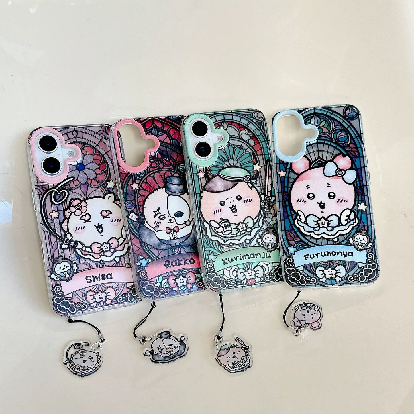 Japanese Cartoon iPhone Case with Strap | Laser Magical Girl with Glass Window Kurimanju Rakko Shisa Furuhonya Magic - iPhone Case 7 8 PLUS SE2 XS XR X 11 12 13 14 15 Pro Promax 12mini 13mini