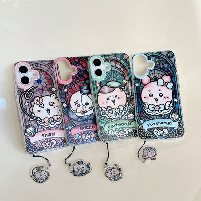 Japanese Cartoon iPhone Case with Strap | Laser Magical Girl with Glass Window Kurimanju Rakko Shisa Furuhonya Magic - iPhone Case 7 8 PLUS SE2 XS XR X 11 12 13 14 15 Pro Promax 12mini 13mini