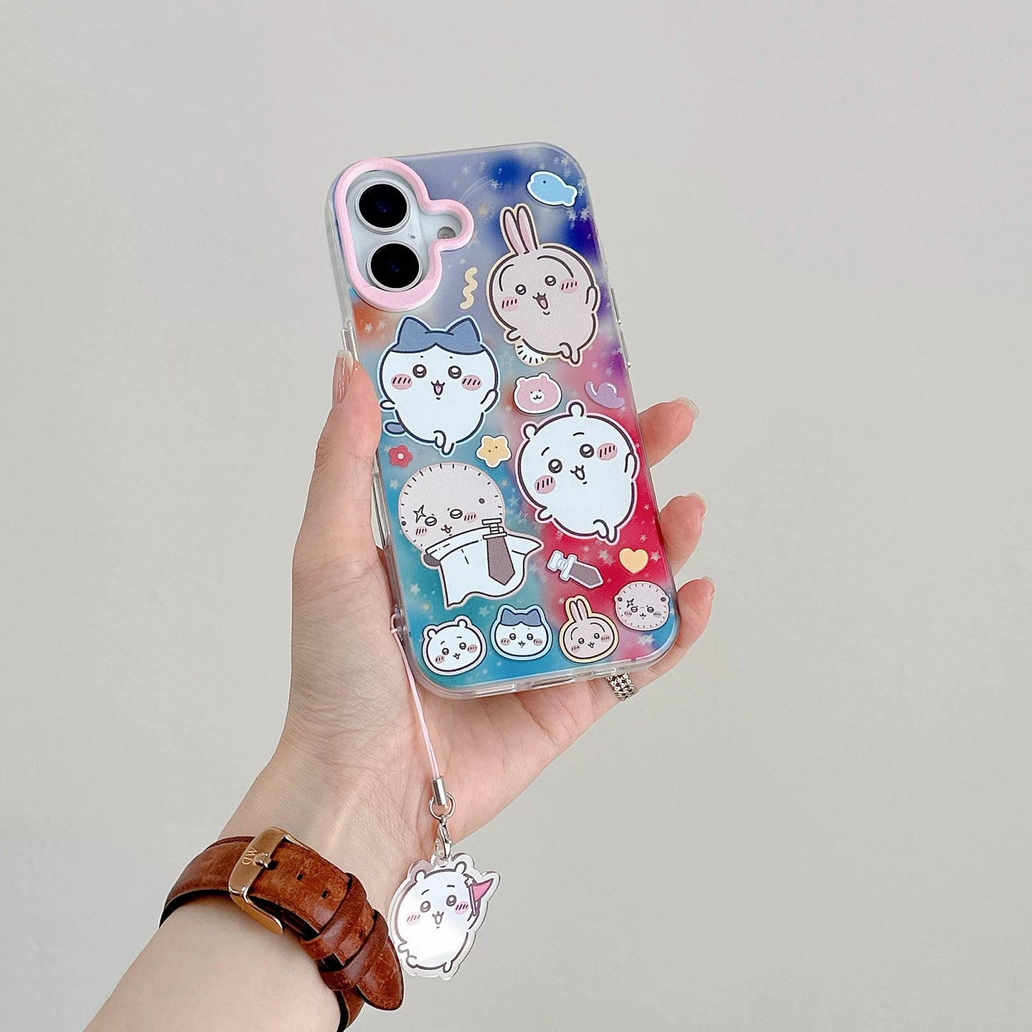 Japanese Cartoon ChiiKawa Laser Phone Case with Strap | Rainbow Galaxy with ChiiKawa Hachiware Usagi Momonga Rakko Kurimanju Shisa Furuhonya - Phone Case Samsung Galaxy S26 S25 S24 S23 S22 S21 FE Ultra Edge