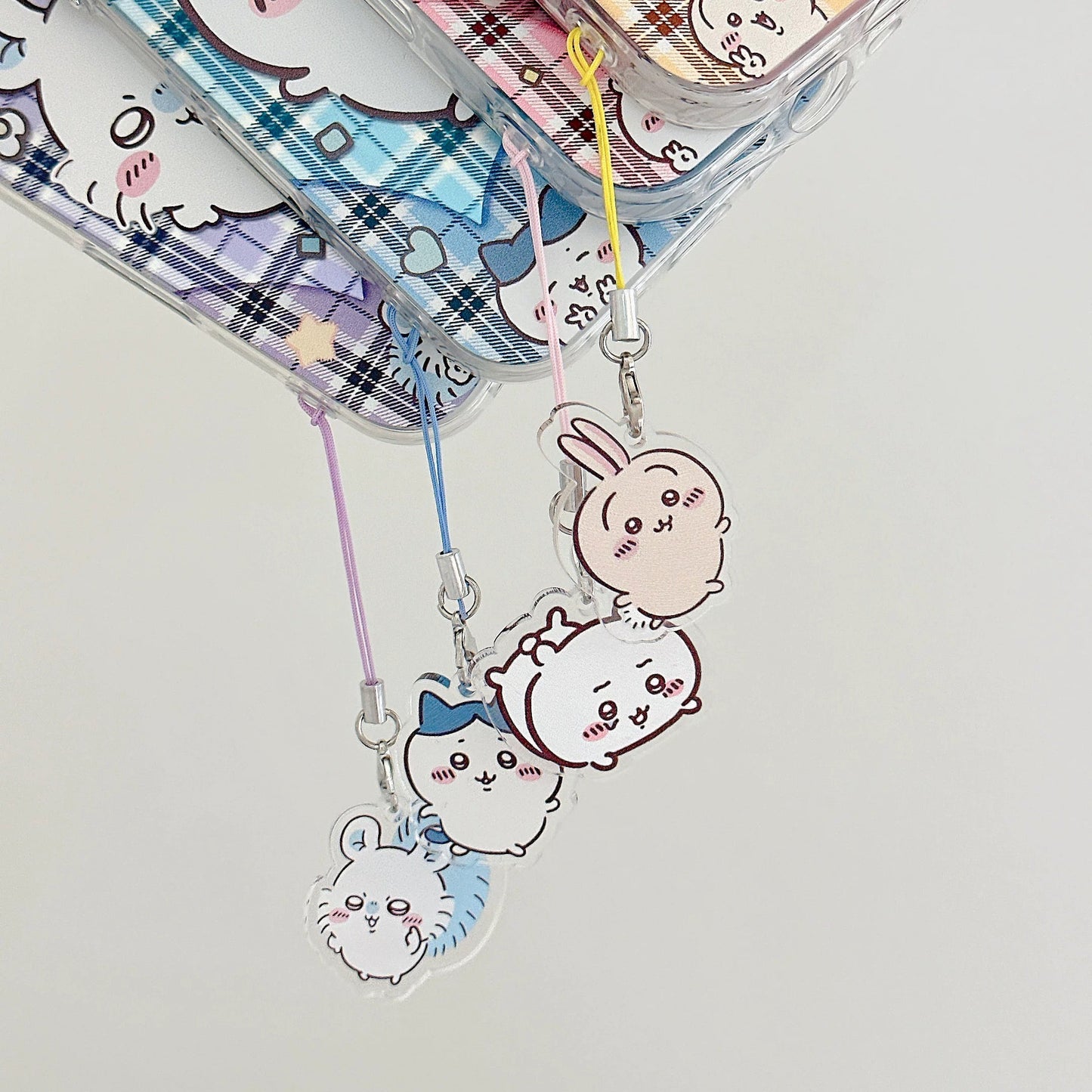 Japanese Cartoon ChiiKawa Laser Phone Case with Strap | Retro Plaid ChiiKawa Hachiware Usagi Momonga - Phone Case Samsung Galaxy S26 S25 S24 S23 S22 S21 FE Ultra Edge