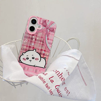 Japanese Cartoon ChiiKawa Laying with Lace Ribbon Laser Case | Chiikawa Hachiware Usagi Momonga - Phone Case Samsung Galaxy S26 S25 S24 S23 S22 S21 FE Ultra Edge