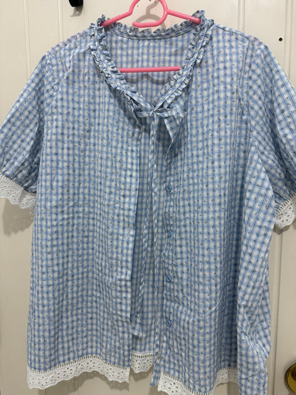 Japanese Fashion Cute Style Mori Series | Blue Grid with Flower Shirt - Kawaii Fashion Items